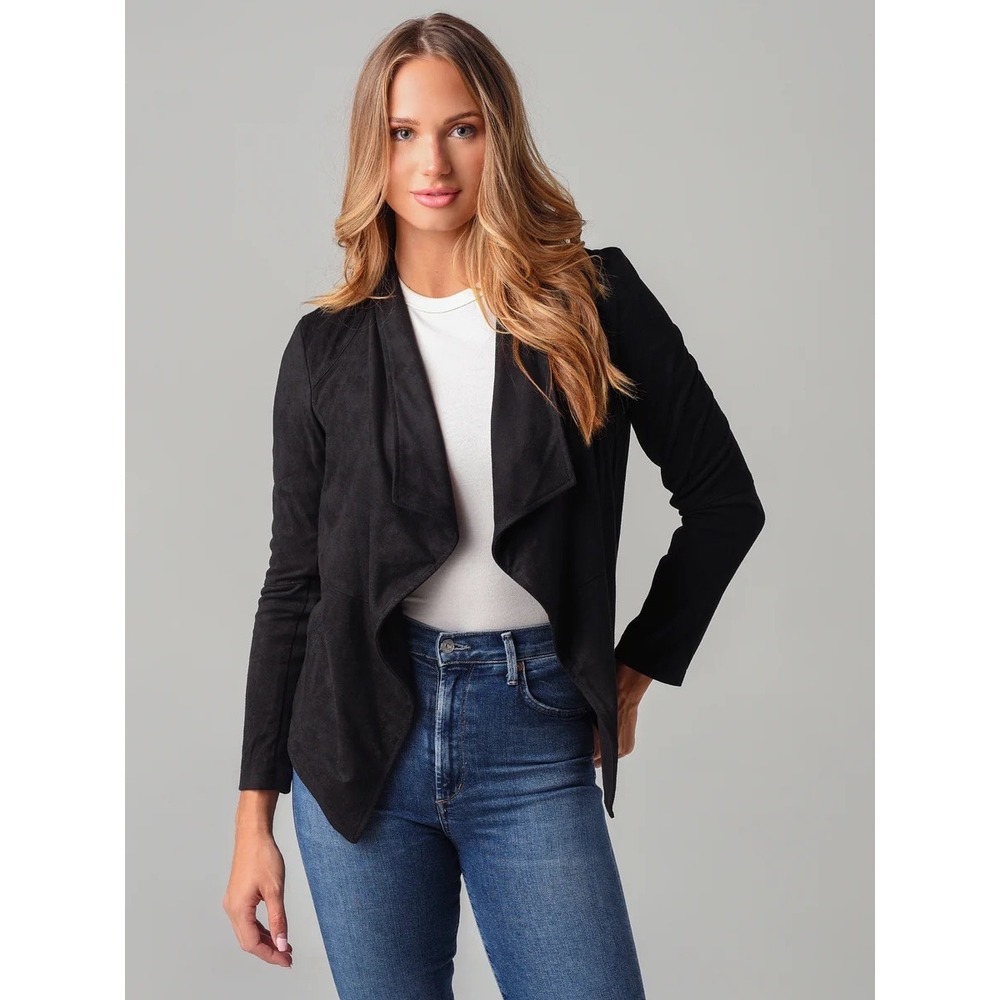 BB Dakota Black Faux Suede Draped Open Front Jacket | Size Large